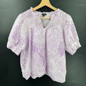 Talbots linen cotton boxy smocked puff sleeve natural comfort purple feminine L
